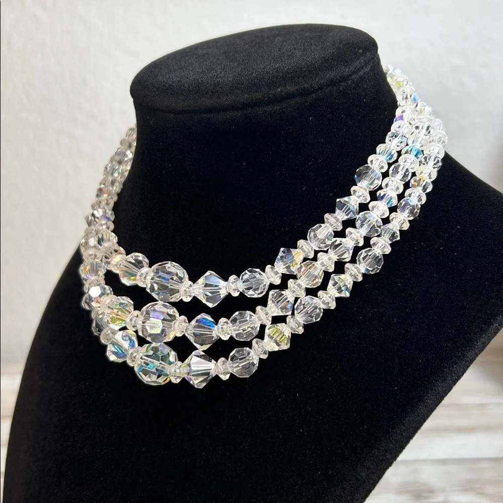 Vintage Triple Strand Crystal AB Necklace with Acrylic Spacer Beads